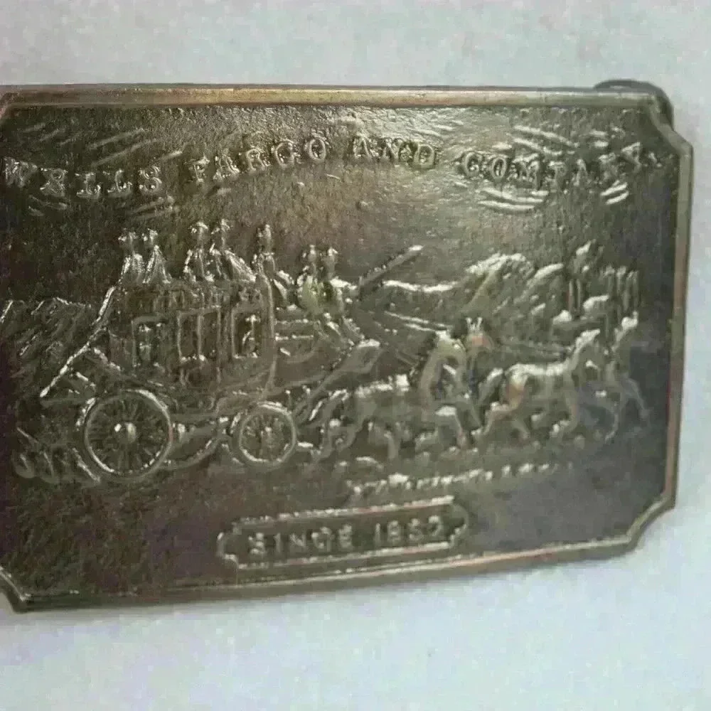 Vintage Belt Buckle Wells Fargo & Company 1852 Metal Western Style Horse Coach - Picture 3 of 12